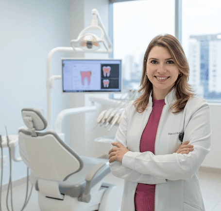 Marcella Gobbi, cirurgiã-dentista e fundadora da Leads Care AI, em um consultório odontológico